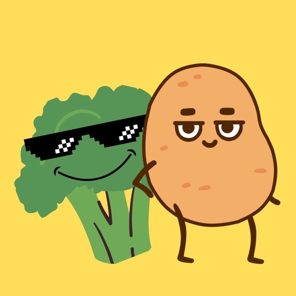 Ein Brökoli tanzt zusammen mit einer Kartoffel und sieht abei sehr cool aus
