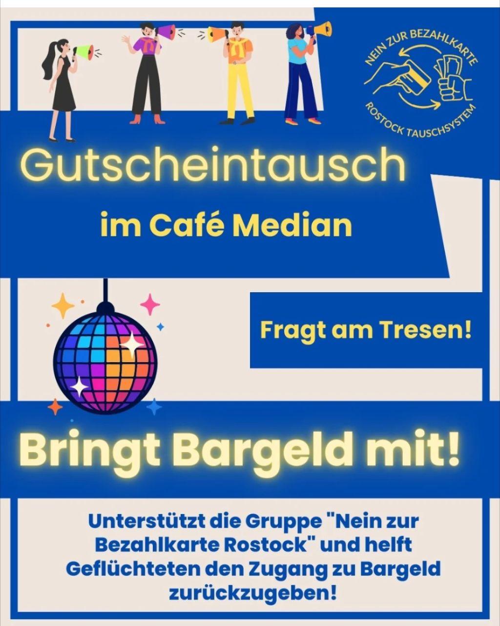 Sharepic für den Gutscheintausch mit der Aufforderung Bargeld mitzubringen und Gutscheine zu tauschen.