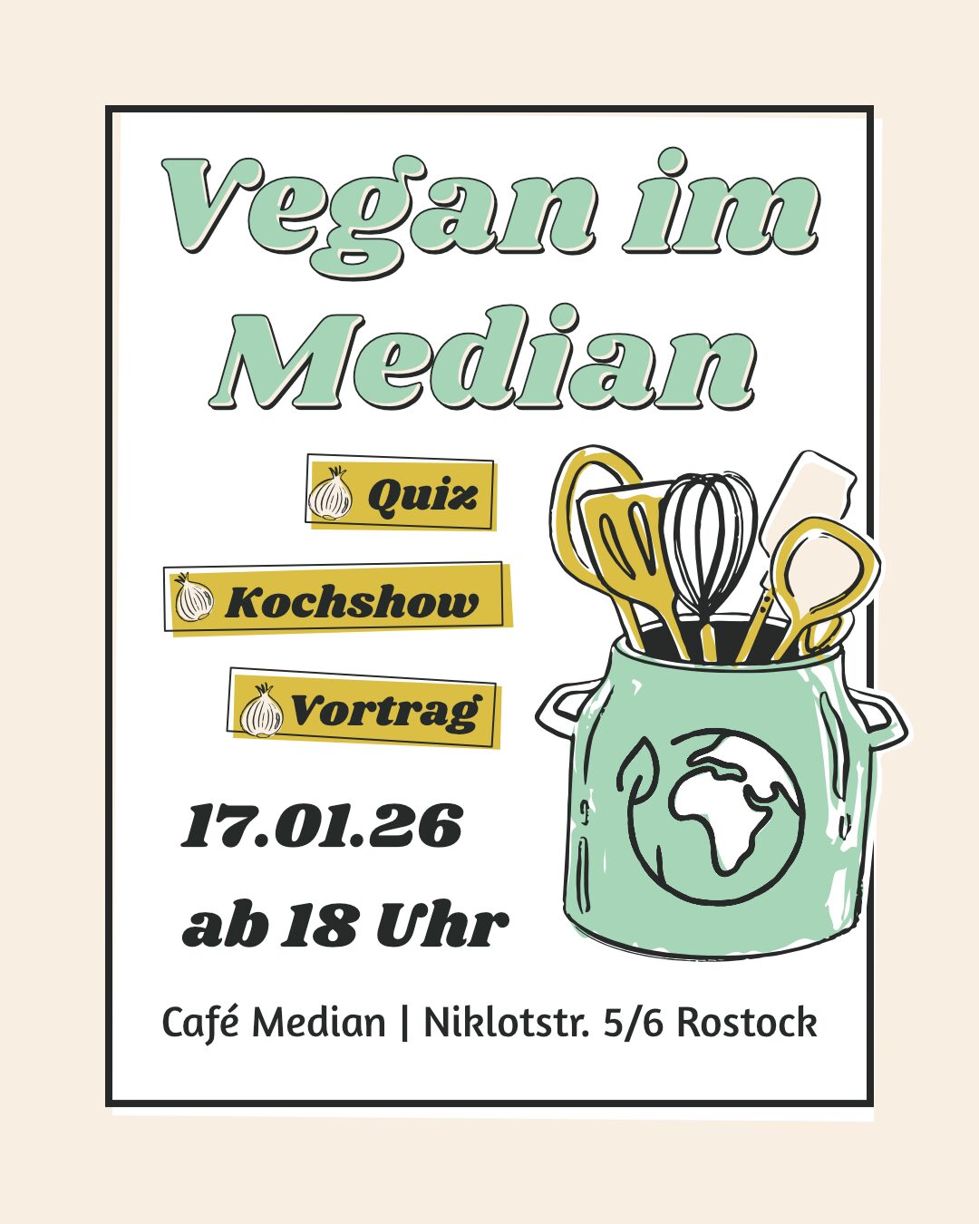 Shaepic für "Vegan im Median" mit Quiz Kochschow und Vortrag am 17.01. ab 18 Uhr im Median in Rostock