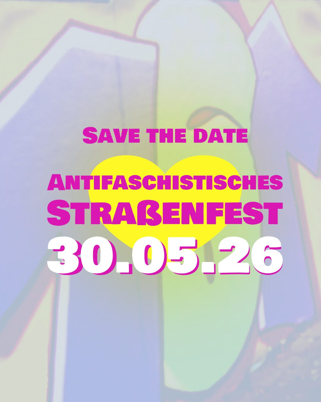 Save the Date Bild, mit 161 Grafiti im Hintergrund und gelbem Herz hinter der Schrift