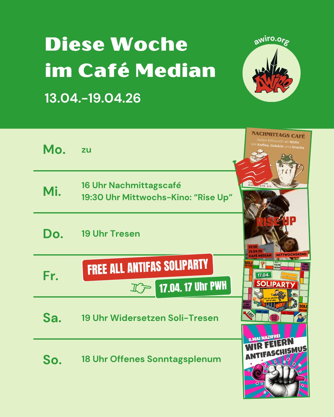 Montag: zu Mittwoch: 16 Uhr Nachmittagscafé 19:30 Uhr Mittwochskino mit dem Film: Rise up (2022 de/90min) Donnerstag: 19 Uhr Tresen Freitag: zu Samstag: 19 Uhr Widersetzen MV Soli-Tresen Sonntag: 18 Uhr Offenes Sonntagsplenum