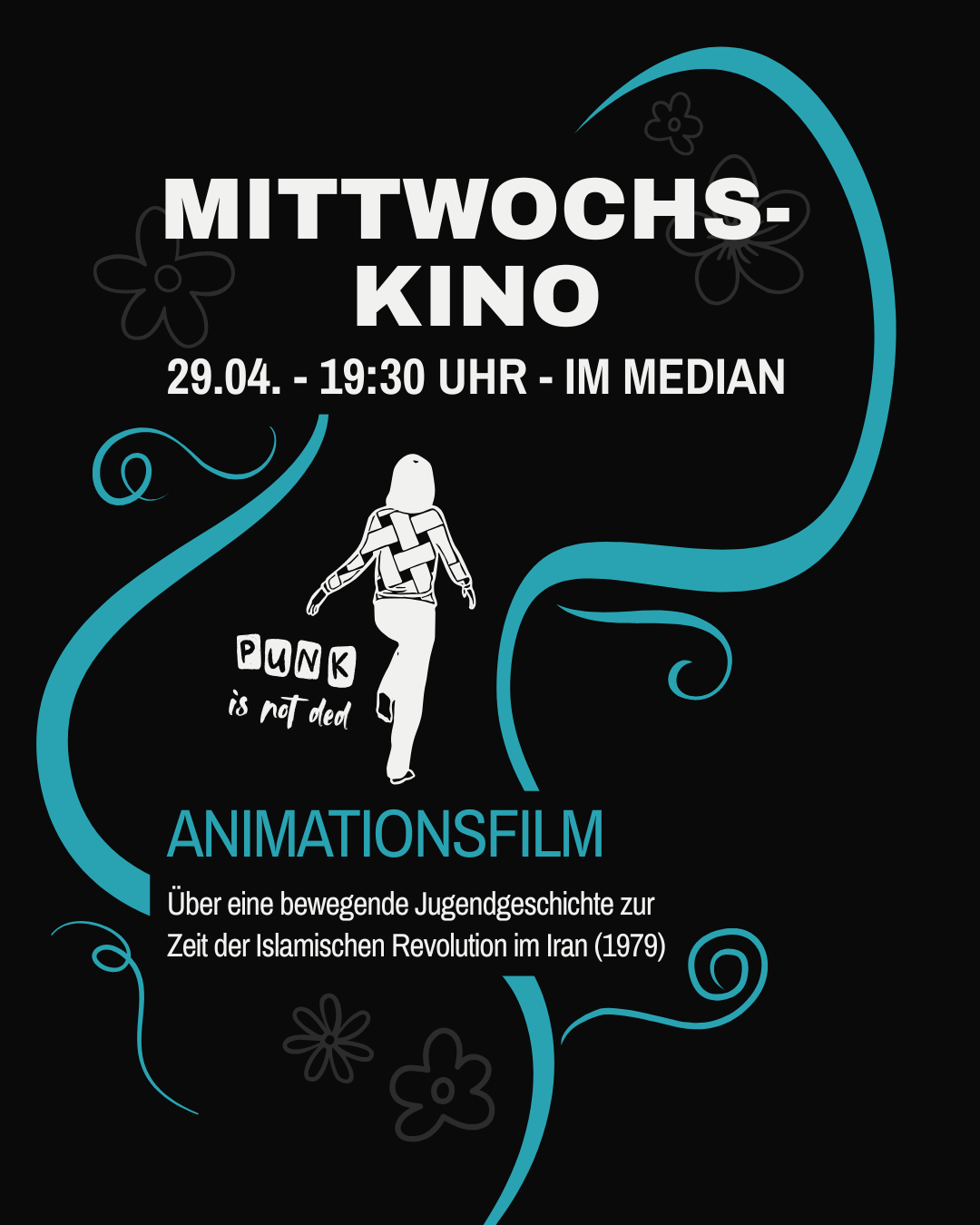 Sharepic das an das Filmplakat des Animationsilms erinnert in der mitte ist eine gezeichnete Figur daneben steht "Punk is not ded"