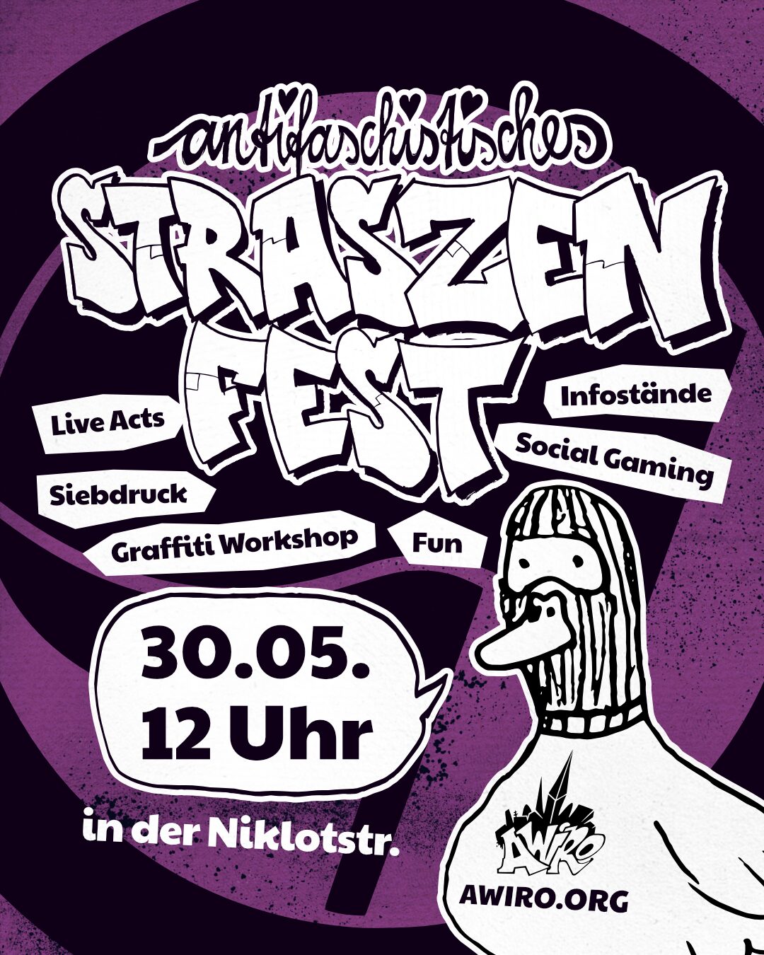 Sharepic für das Straßenfest mit Stichörtern zum Programm und das Datum und Uhrzeit. Der Schritstil ist Graffiti und unten rechts ist ein gezeichneter vermummter Vogel