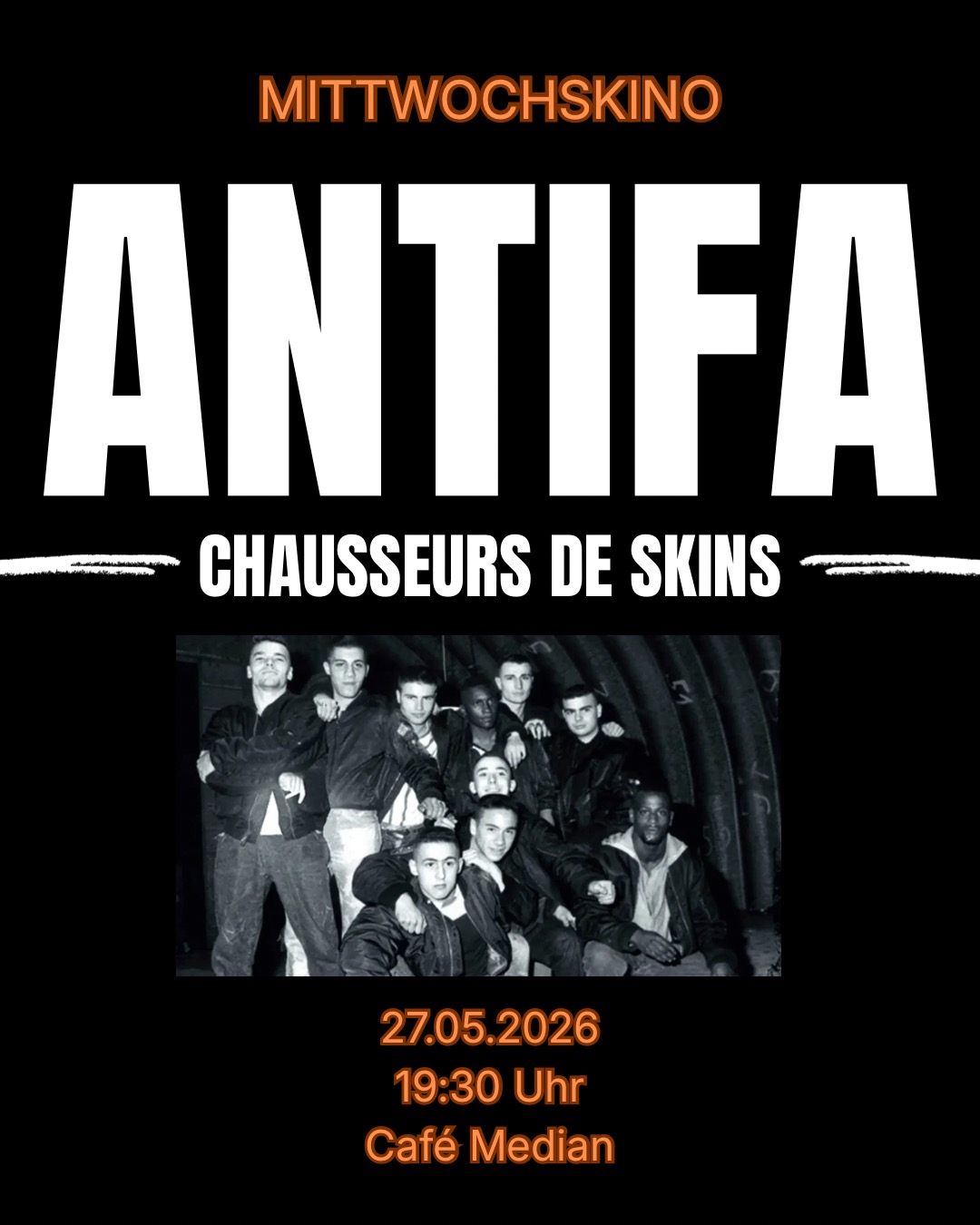 Sharepic für das Mittwochskino zu französichen Antifas, in der Mitte ist ein Foto einer Gruppe zu sehen die in die Kamera posiert