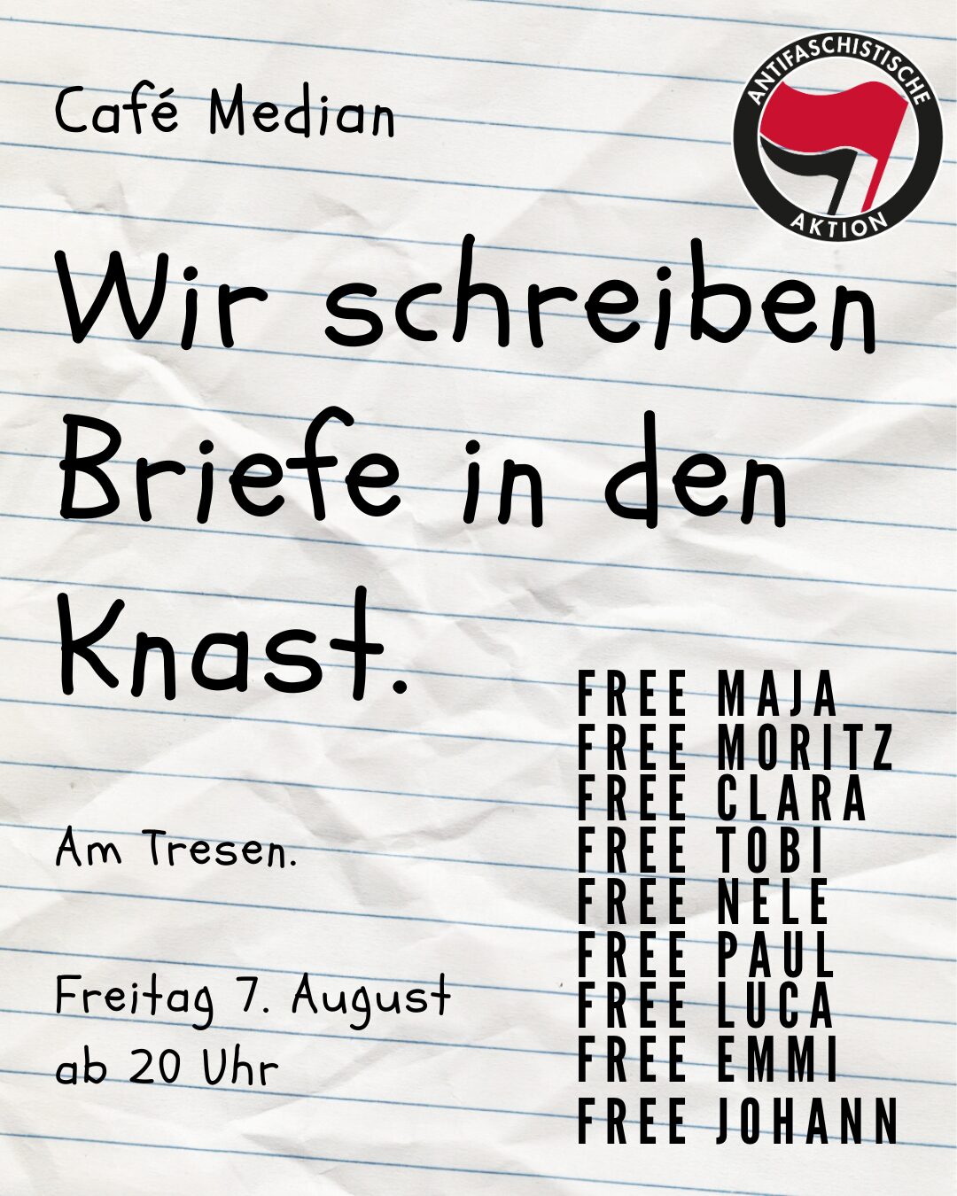 Ein Sharepic für "Wir schreiben Briefe in den Knast" der Hintergrund ist ein Liniertes Blatt Papier. Oben Rechts ein Antifa Symbol.