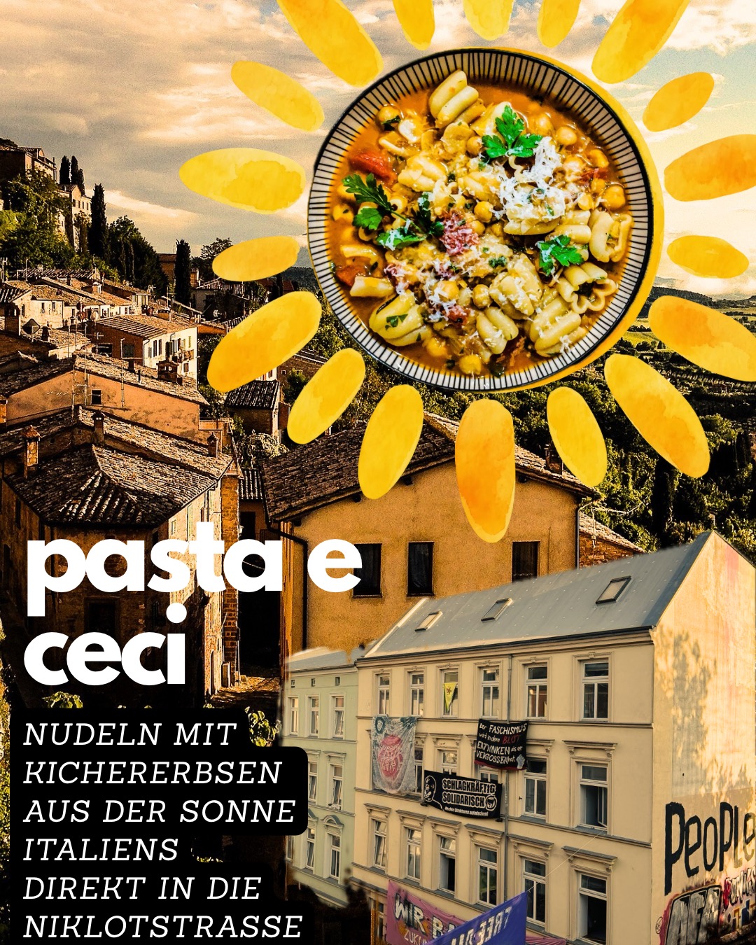 ein Sharepic mit einem gemischten Bild aus einem Foto der Niklot-str. Häusern die aussehen wie in Italien und darüber schwebt eine Sonne in dessen Mitte ein Gericht zu sehen ist