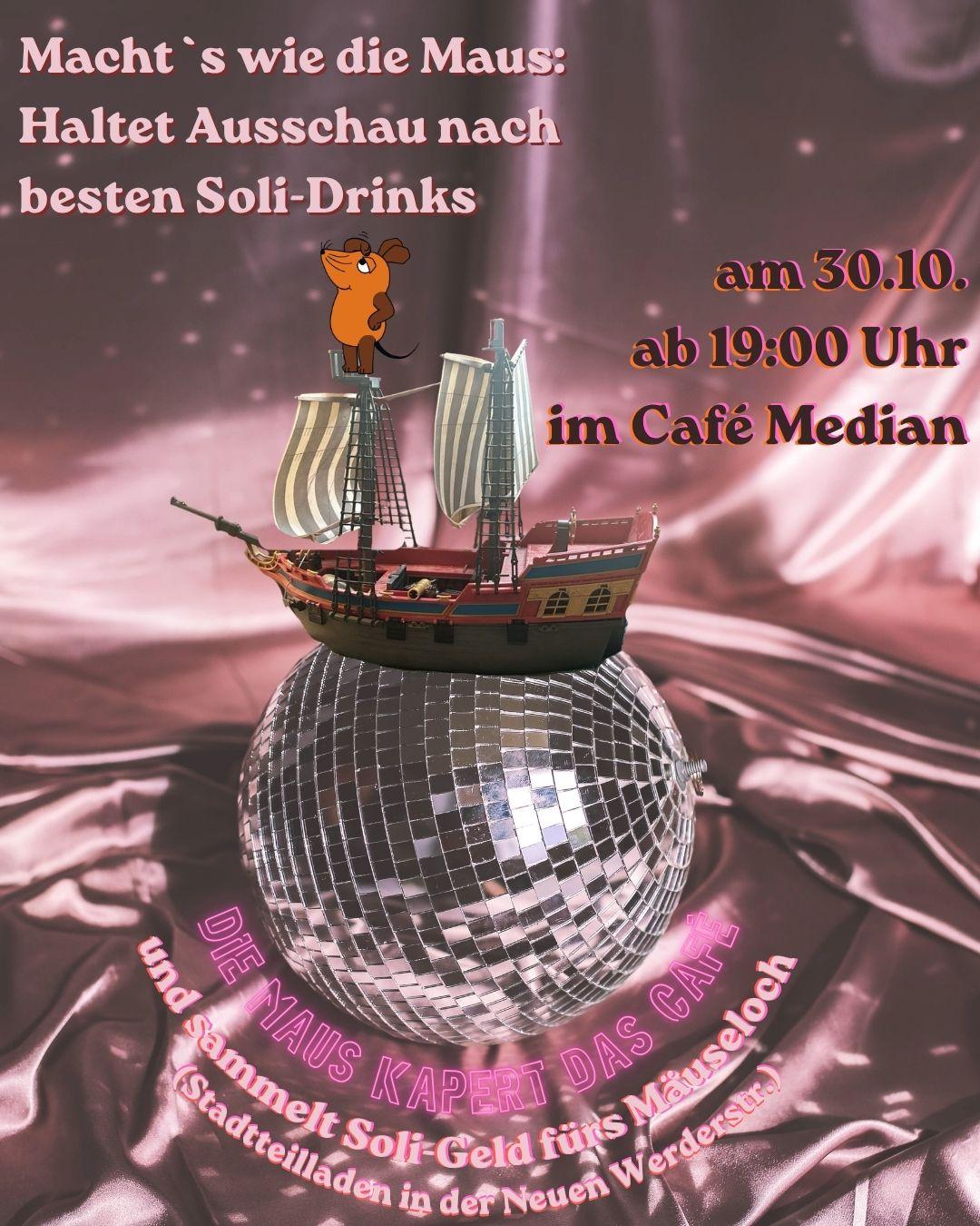 Sharepic für den Solitresen mit einer Discokugel auf der eine kleine Maus die auf einem Mini-Schiff steht und Ausschau hält