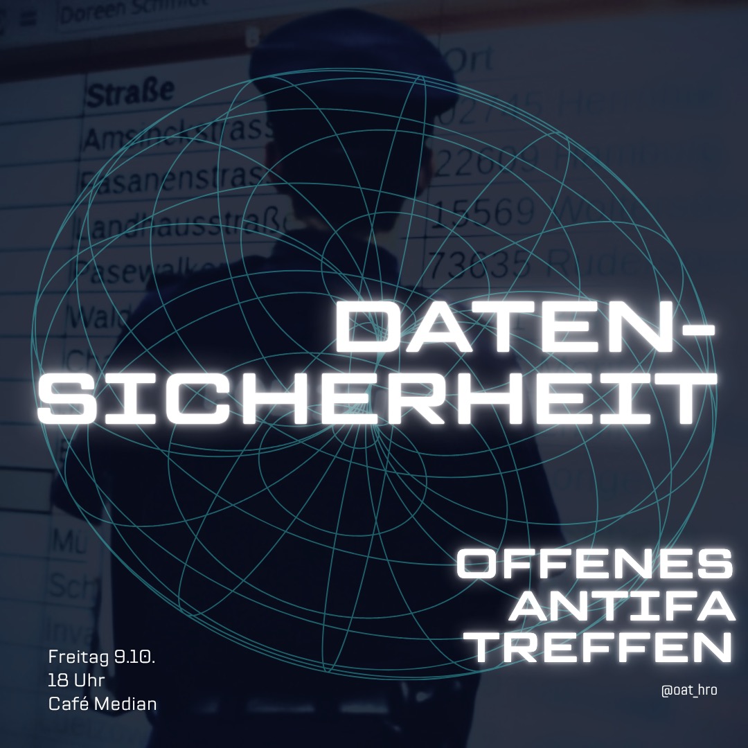 Sharepic einer Tabelle an Informationen im Hintergrund davor ein Schatten eines Polizisten davor ein Netz wie ein Globus