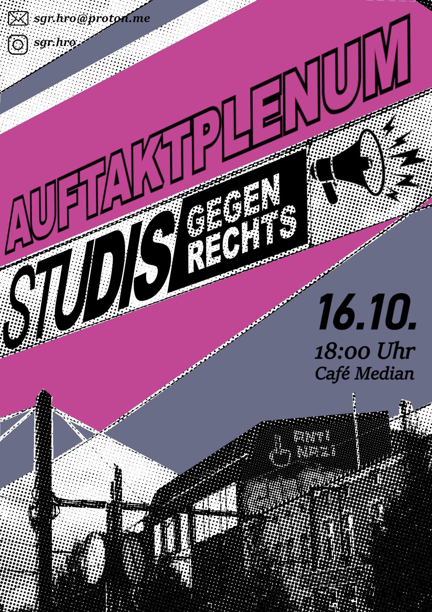 Sharepic Studis gegen Rechts Auftaktplenum 16.10. Median Rostock unten ist ein Foto in Schwearz Weiß zu sehen auf dem ein Graffiti "Anti Nazi" zu sehen ist